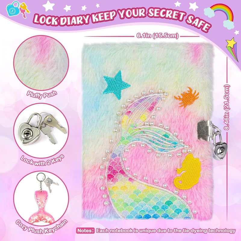 ASTEN Diary with Lock, 6 7 8 Year Old Girl Birthday Gift, Journal for Girls Ages 8-12, Kids Journal for Little Girl, Cute Notebook with Multicolors Pen and Purse, Locking Diary Fuzzy Mermaid Notebook (Pink) - Image 3